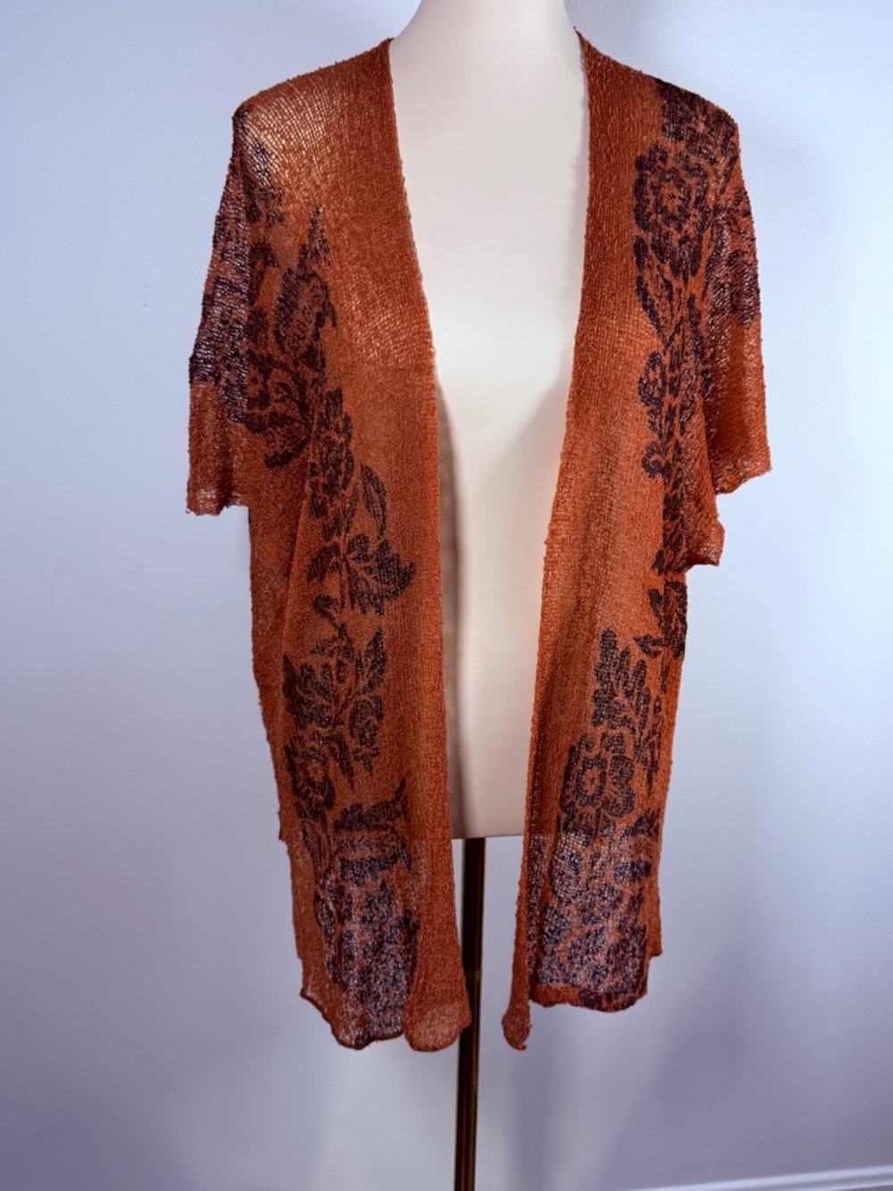 Dark Pink Open-Front Floral Knit Cardigan